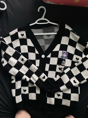 Kuromi Black & White Checker Knit Cardigan Sweater with Embroidered Characters
